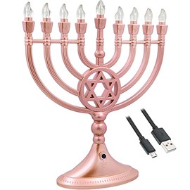 The Dreidel Company Traditional LED Electric Silver Hanukkah Menorah - Battery or USB Powered - Includes a Micro USB 4' Charging Cable (Rose Gold)