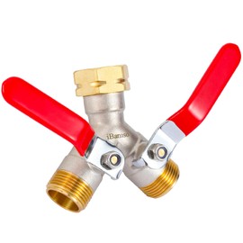 iBamso 2 Wege Y Verteiler, 3/4 Zoll Großer Durchfluss Wasserverteiler aus Vernickeltem Messing, Y Größer Ausguss Gartenschlauch Verteiler für Garten Bewässerung Wasserhahn-Rot Verlängerter Metallgriff