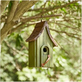 Glitzhome Green Hand Painted Garden Wood Birdhouse with Single Roof Hanging Bird House for Outside