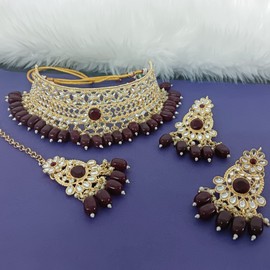 Efulgenz Indian Kundan Jewelry Set Traditional Crystal Faux Pearl Choker Necklace Earrings Maang Tikka Head Chain Bollywood Bridal Wedding Jewelry for Women, Copper, No Gemstone