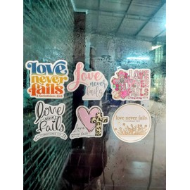 (6 PCS) 1 Corinthians 13 8 Love Never Fails Inspirational Christian, Faith, Bible Verse Sticker Waterproof Vinyl Decal Size 3"