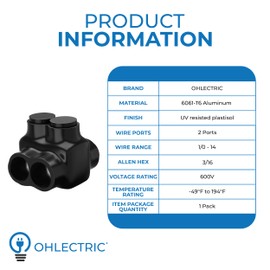 OHLECTRIC Black Insulated Connector - Dual Side Entry - 2 Port - 1/0-14 Wire Range - 3/16 Hex Screw - Pre-Filled with Oxide Inhibitor -Rubber Vinyl Coating, 6061-T6 Aluminum CU9AL | OL-26027