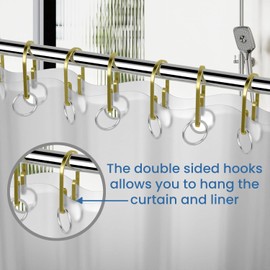 Shower Curtain Hooks Rings，Double Sided Shower Curtain Hooks Rust Proof，12 pcs Shower Hooks for Inside Shower，Smooth Sliding Anti-Drop Double Shower Rings for Curtain (Gold)