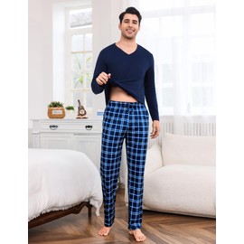 Bresdk Mens Pyjamas Set Cotton Pjs Sets Long Sleeve Tops V Neck Nightwear Plaid Pajama Bottoms Loungewear Sets, Navy/Blue, S