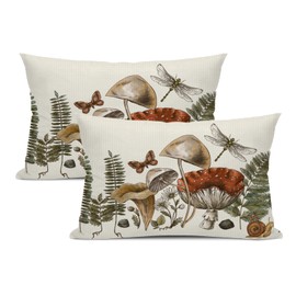 Churent Mushroom Lumbar Pillow Covers 12 x 20 Set of 2 Mushrooms Plants Butterfly Linen Throw Pillow Cover Vintage Botanical Decorative Pillowcases for Living Room Couch Bed Sofa Outdoor