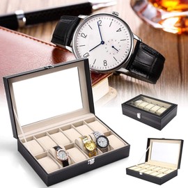 Wegi King Watch Box Case,12 Slots Watch Case Display Storages Jewelry Organizer Storage Box Case Holder Display with Adjustable Soft Pillows and High