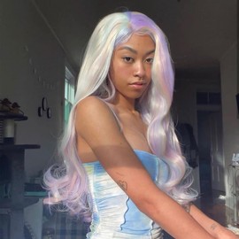 Angle Lucky Long Wavy Rainbow Wig Purple Green Pink Blonde Middle Part Wig Synthetic Mulit Color No Lace Wig Full Machine Made Heat Resistance Fibre Cosplay Makeup Wig for Women 24 Inch