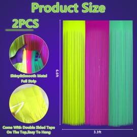2 Pcs Colorful Fluorescent Foil Fringe Curtain, 3.3 x 6.6 Ft Glow in the Dark Party Supplies Party Decor Steamers for Neon Theme Birthday Decorations Photo Backdrop