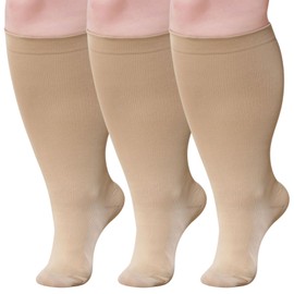 AMITOFO Plus Size Compression Socks: Wide Calf Compression Stockings for Men Women - Extra Large 20-30 mmHg Compression Hose Support for Running Travel Nurses Pregnancy 3 Pairs 4XL Beige