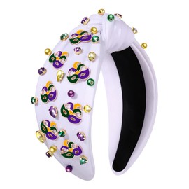 NVENF Mardi Gras Diademas para mujer, diadema de corona, verde, morado, amarillo, diamantes de imitación, diadema anudada, accesorios de carnaval, Oufits para fiestas, regalo (máscara B, blanco)