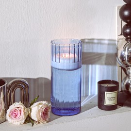 ComSaf - Jarrones cilíndricos de 8 pulgadas de alto para centros de mesa, jarrones acanalados azules para centros de mesa, jarrones transparentes de 8 pulgadas de alto, portavelas de huracán para