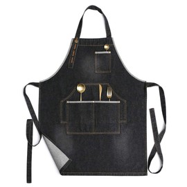 Jeanerlor Heavy Duty Work Aprons for Men and Women Denim Apron with 3 Tool Pockets, Size M to XXL & 100% Cotton (Black) Jean Aprons for Hairdresser Plus Size