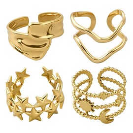 HOBBIESAY 4Pcs Gold Sun Moon Open Ring Sets Star Stackable Opening Rings Irregular Wide Bnad Ring Adjustable Layered Finger Rings Supplies for Women Wedding Birthday Party Decoration