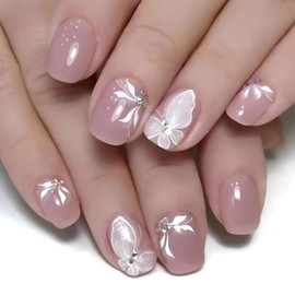 White Butterfly Press on Nails Short Square Pink Fake Nails with Rhinestone Design Glossy Full Cover Glue on Nails Artificial Acrylic Nails for Women