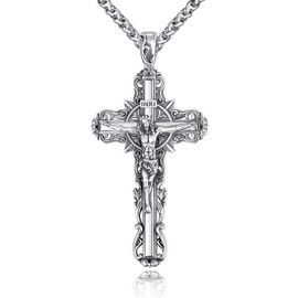 KATHLU 925 Sterling Silver Crucifix Jesus Christ INRI Pendant Necklace for Men Cross Medal Christian Religious Necklace for Men