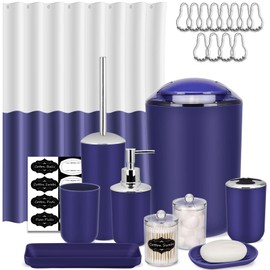 IMAVO Blue Bathroom Set,22Pcs Bathroom Accessories Set with Shower Curtain,Trash Can,Tray,Soap Dispenser,Soap Dish,Toothbrush Holder,Toothbrush Cup,Toilet Brush Holder and Qtip Holders