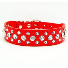 Rhinestone Dog Collar, Bling Rhinestone PU Leather Crystal Diamond Pet Dog Cat Puppy Collar Black S M L XL (XL, Red)