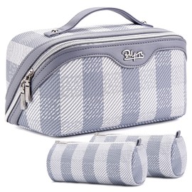 BOYATU Makeup Bag Travel Cosmetic Bag: 3 Pcs Set Portable Make up Bags for Women with Handle - Waterproof Vegan Leather Toiletry Organizer Bags with Comparments (F-05-Blue)