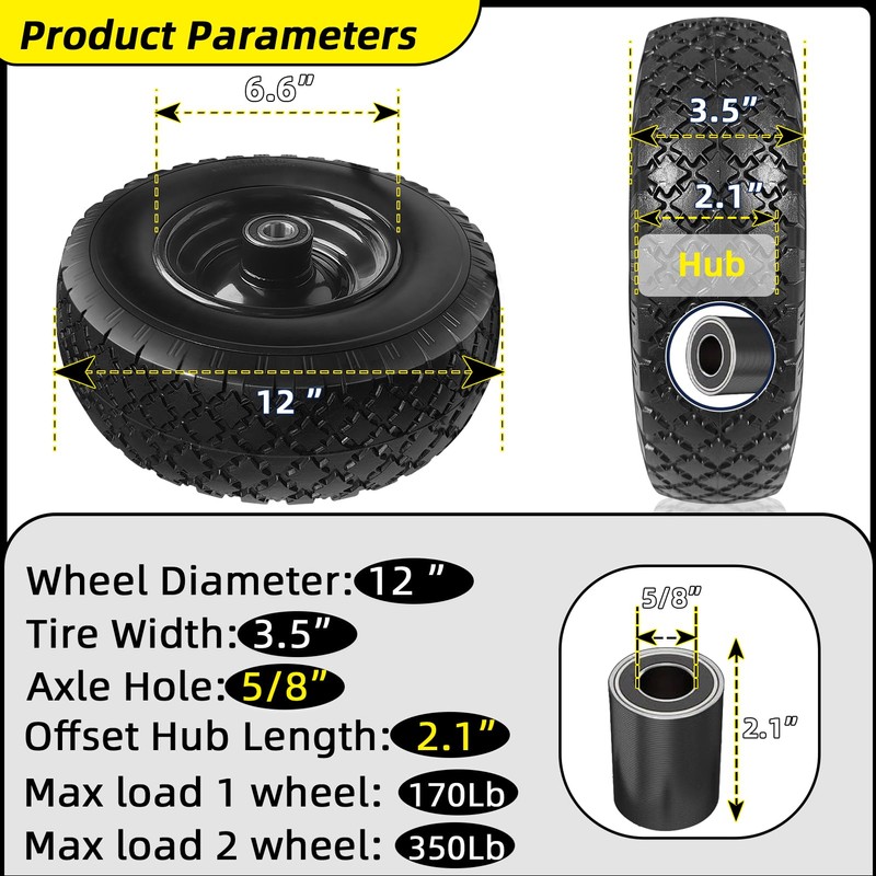 Kavedodu 12'' Flat Free Tires Rubber Replacement Solid Tire, 2.1"
