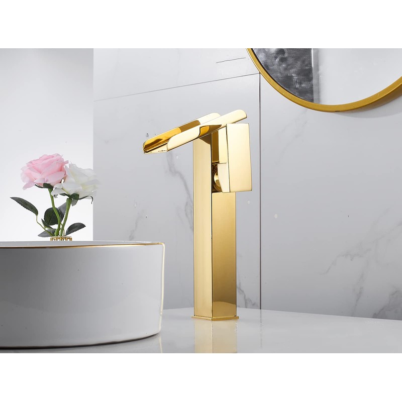Bathroom Vessel Faucet Gold Waterfall Open Spout Basin Faucet Led