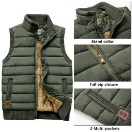 Vcansion Men's Outdoor Casual Stand Collar Thicken Qulited Fleece Jacket Vest Padded Vest Lightweight Down Cotton Vest Coat Army Green US M
