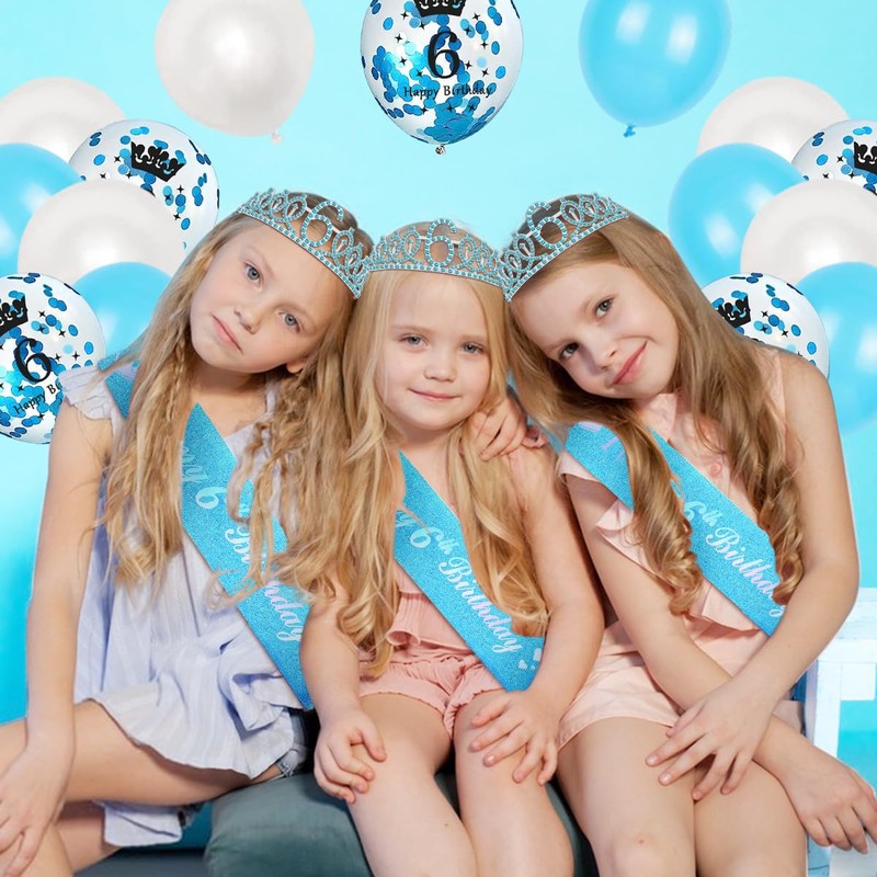 6th Birthday Decorations - Sash, Tiara, Crown & Balloons for