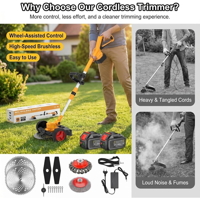 Cordless Weed Wacker with Wheels, 5-in-1 Electric String Trimmer, Battery