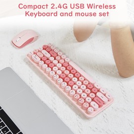 Compact Wireless Keyboard and Mouse Combo, Colorful Round Keycap, Soundless 68 Keys, Suitable for Girls and Kids, Compatible with Notebook, PC (Pink)