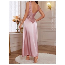 WDIRARA Women's Lace Backless Sexy Long Satin Sleepwear Deep V Neck Sleeveless Nightgown Pink Medium