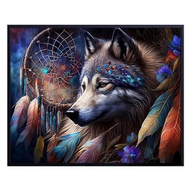 Wolf Wall Art - Western Wall Decor - Dreamcatcher Blue Wall Art - Spiritual Native American Decor - Rustic Farmhouse Decor - American Indian Decor - Boho Living room Decor, Country Wall Decor