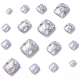Purple Artificial Acrylic Fake Nails for Toe, Press on Toenails Coffin with Flower Daisy Designs, Full Cover Reusable False Toenails with Glue, Glue on Toe nails with Charm for Women Girls（JP1643）