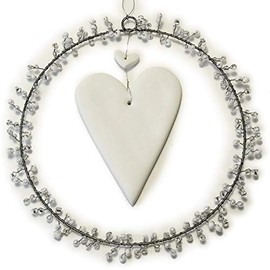 Wreath Flowers for Hanging Decorative Wreath Heart Diameter Approx. 17 cm Decorative Heart White / Silver Jewellery Beads