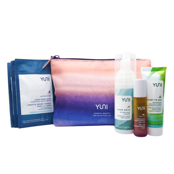 YUNI Beauty Natural Travel Essentials Kit (7pc kit) Beauty On the Run Travel Size Body Care Kit - Cleanse, Refresh, Hydrate - Save Time - All Natural, Paraben-Free, Cruelty-Free