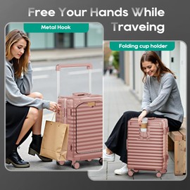 Joyway 20 Inch Carry on Luggage with Aluminium Frame and Front Pocket, PC Hardshell Suitcase with USB Port and Cup Holder, Luggage with Spinner Wheels and TSA Lock (Rose Gold)