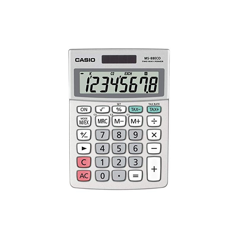 Casio Tischrechner MS-88ECO, 8-stellig, umweltfreundlich, Währungsumrechnung, Aluminiumfront, Solar-/Batteriebetrieb, farbe