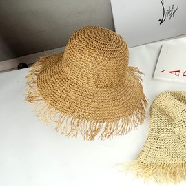 Summer Brown Tassels Beach Hat Women Large Brim Crochet Sunshade Beach Cap Holiday Travel Foldable Straw Woven Sun Hat