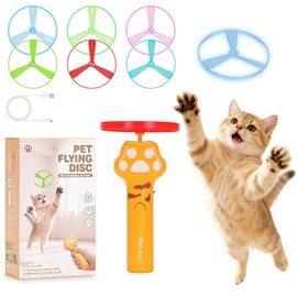 Wortade Cat Fetch Toy Launcher with 6 Flying Disc, Interactive Flying disc Launcher Toy for Indoor Cats, Cat Interactive Hunting Toys for Outdoor & Indoor Yellow