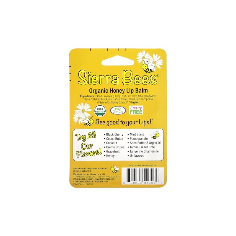 Sierra Bees Organic Lip Balms, Honey, 4 Pack, 0.15 oz