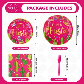 96Pcs Final Fiesta Bachelorette Party Decorations Hot Pink Mexican Cactus Plates and Napkins Tableware Sets Mexican Taco Themed Party Supplies for Cinco De Mayo Let’s Fiesta Party Favors Serves 24