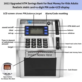 ATM Savings Bank for Real Money for Adults Kids with Card Personal ATM Saving Piggy Bank Machine for Boys Girls, Password Login,Coin Recognition,Balance Calculator,Electronic Safe Box (Silver/Black)