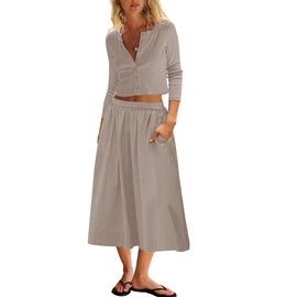 Panadila Womens 2 Piece Lounge Sets Matching Vacation Outfits Ribbed Button Down Cardigan and Elastic Waist Skirt Sets (Light Grey,S)