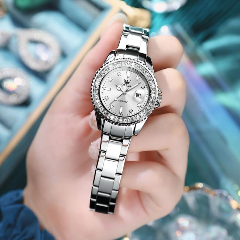 OLEVS Diamond Watches for Women with Date Fashion Silver Elegant