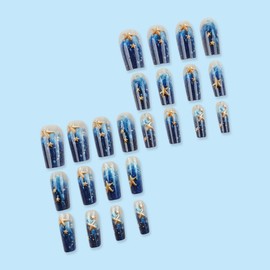 24Pcs Summer Beach Press on Nails Medium Square Fake Nails Blue Sea Wave Gradient Full Cover Acrylic Nails 3D Starfish False Nails Summer Beach Vacation Glue on Nails for Women Nail Decor