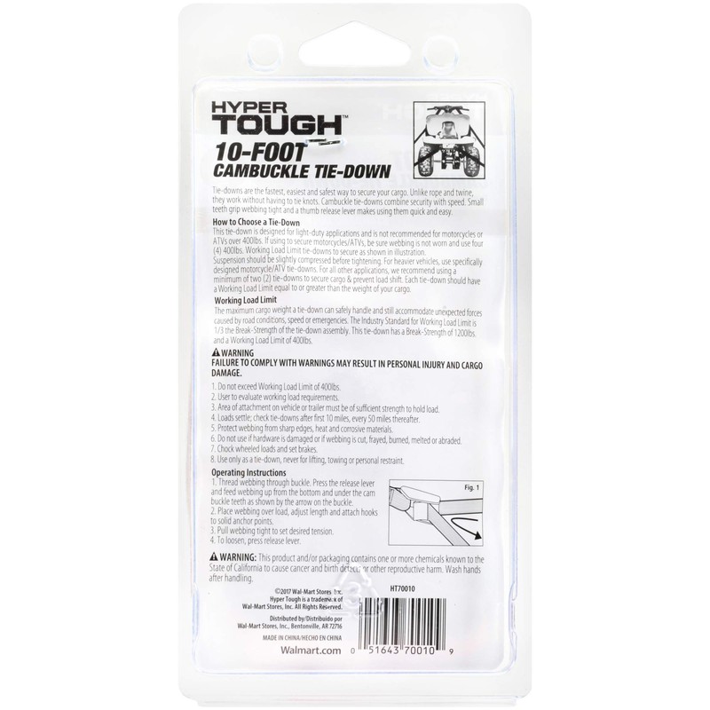 Hyper Tough 10-Foot Buckle Strap Tie-Down, Orange, Stainless Steel, Universal