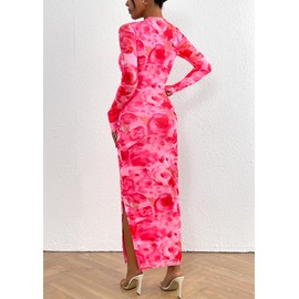 PRETTYGARDEN Women's Bodycon Maxi Dress Fall Spring Fashion Long Sleeve Floral Print Tight Fitted Party Club Ruched Dresses (Print Pink,Medium)