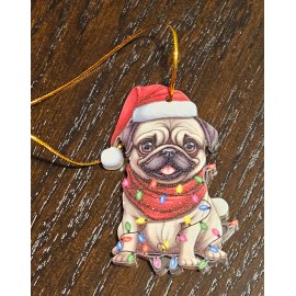 Unbranded CUTE WHITE PUG DOG SANTA HAT ORNAMENT~TREE OR CAR~2D ACRYLIC FLAT