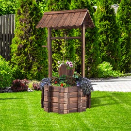 Giantex Outdoor Wooden Wishing Well with Hanging Bucket, Rustic Flower Plants Planter Patio Garden Yard Lawn Home Decor