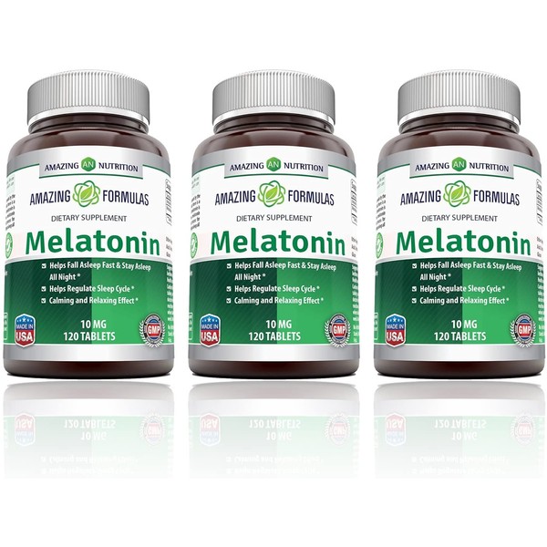Amazing Formulas Melatonin – 10 Mg Tablets (Non-GMO) - Best Choice of Natural Sleep Aid Supplement – Promotes Calming and Relaxing Effect -Suitable for Vegetarian (120 Count (Pack of 3))