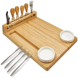 Cheese board Cutlery Knife Set bamboo Charcuterie Platter Serving Tray, Wine Opener, with ceramic bowls Server Forks, Cheese Plate Set Gift for Birthdays, Christmas Anniversary Wedding Registry,
