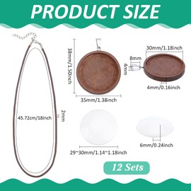 PH PandaHall 12 Sets Wood Embroidery Necklace Set Pendant Tray Set Embroidery Pendant Set Round Pendant Trays Base Blank Setting with Cabochons and Cords for Necklaces Earrings, Wood